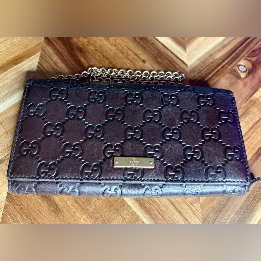 Guccissima Margaux Calfskin Metal Bar Chain Wallet Chocolate